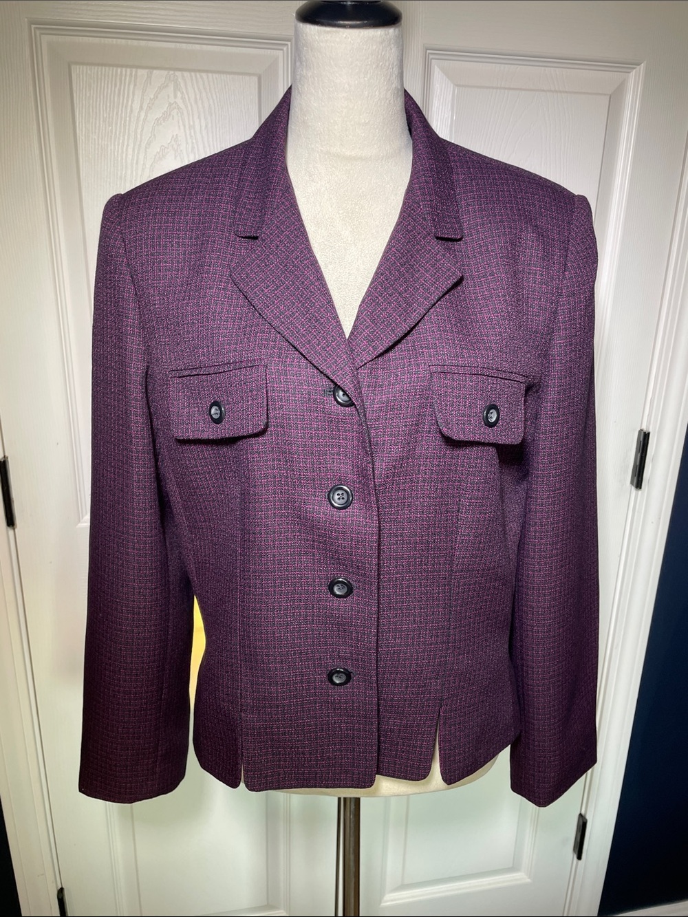 VTG Le Suit Purple Black Tweed Blazer Jacket Four Button Career Work Size 14